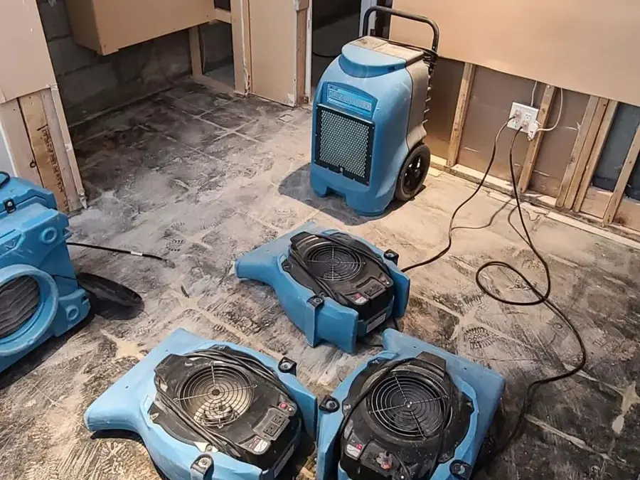 Air movers and a dehumidifier drying a gutted cellar floor after water damage in Corona, Queens