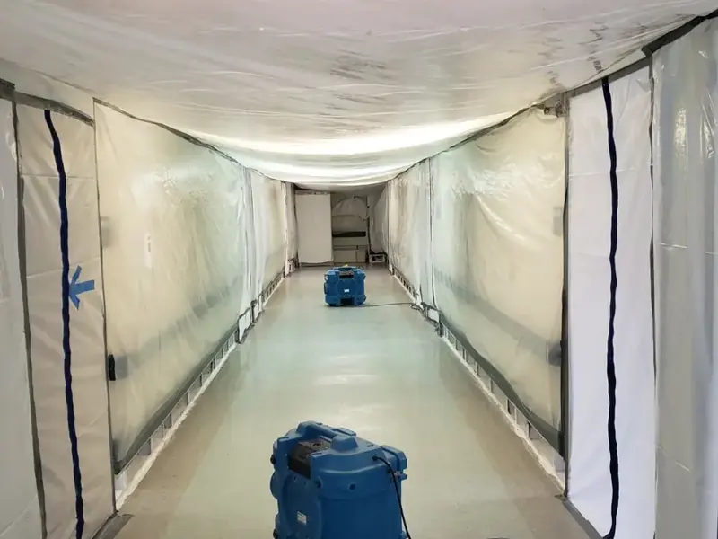 Plastic containment and an air scrubber set up in a hallway during a Queens water damage job