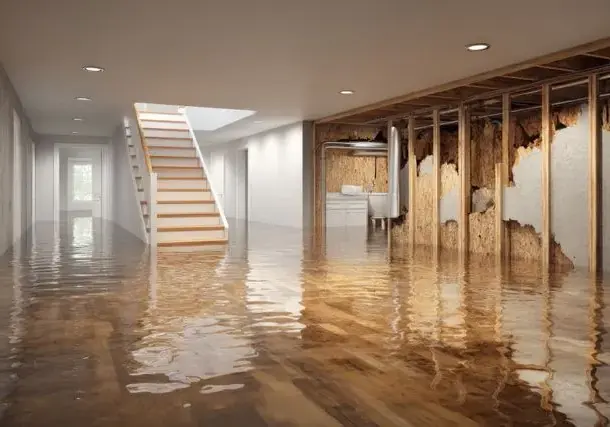 Finished basement apartment with water across the floor and wet drywall in Corona, NY