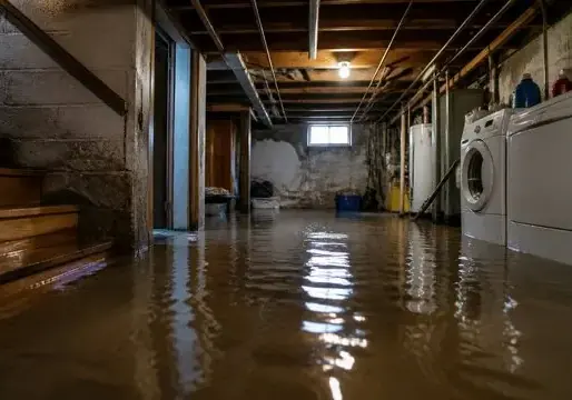 Flooded cellar with a washer and water heater in a Corona, Queens rowhouse