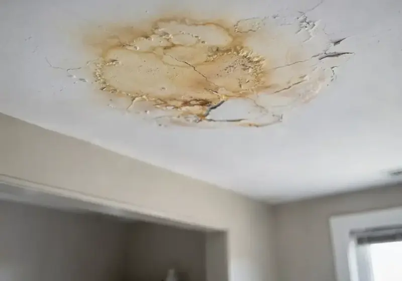 Water-stained and cracked ceiling from a leak above in a Corona, NY apartment