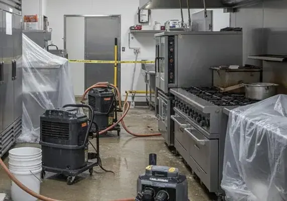 Dehumidifiers and containment drying a commercial kitchen in Queens