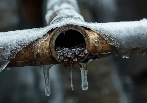 Frozen and burst supply pipe with icicles after a Queens cold snap