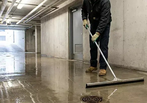 Squeegee pushing standing water toward a floor drain in a Corona, NY basement corridor